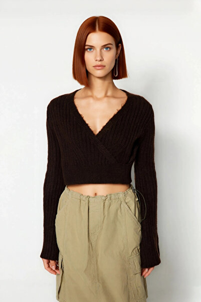 PayBuy Women's Anthracite Ribbed Double-Breasted Knit Sweater with Crop Cut, Stylish and Comfortable Outfits for Winter Days