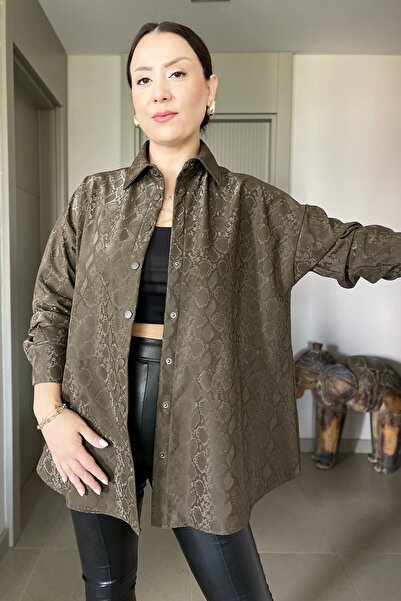 Butik Didem Sakinci Yilan Patterned Synthetic Leather Shirt / Jacket with Inner Sharpened Buttons