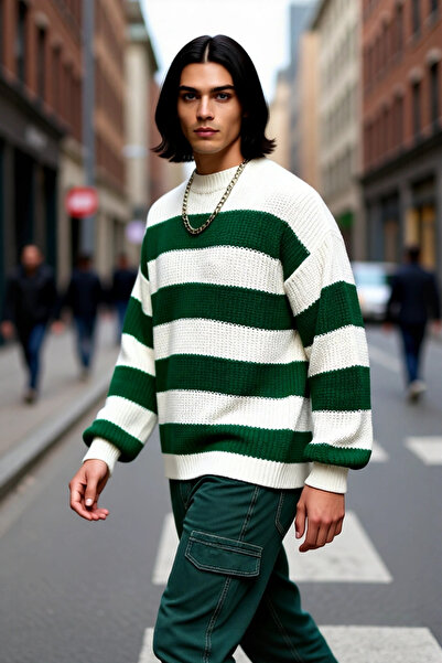 PayBuy Pulover pentru bărbați, oversize, cu guler lat, cu dungi, din acril, i...