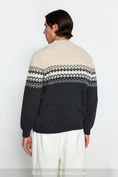 PayBuy Men's Fitted Ethnic Patterned Crew Neck Knit Sweater Ideal for Winter Days a Stylish and Comfortable One