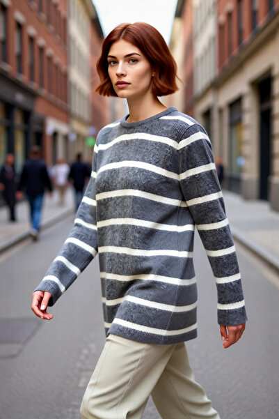 PayBuy Kadınlar İçin Çizgili Triko Bisiklet Yaka Düşük Kol Regular Kalıp Kışl...