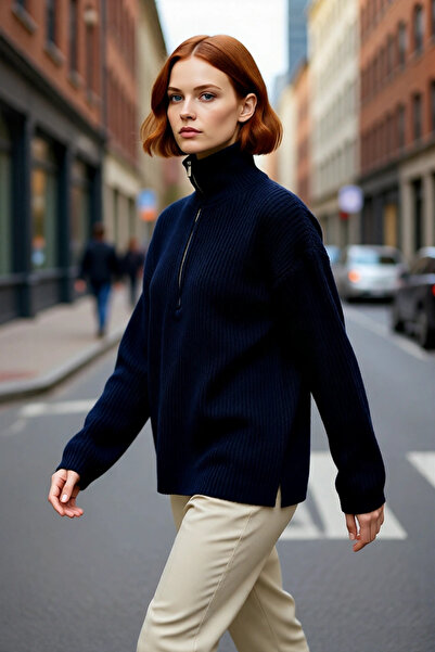 PayBuy سترة نسائية طويلة بياقة عالية وسحاب، تصميم عادي بأكمام منخفضة، محبوكة بنمط سالونيك، مناسبة للأيام الباردة