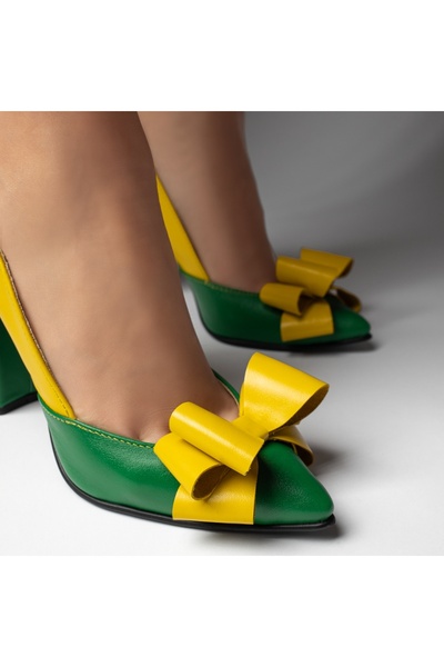 BMoD Women's yellow with green genuine leather shoes with thick heel and bow MOD12923