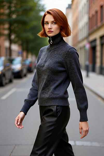 PayBuy احصلي على الأناقة الشتوية مع سترة تريكو سالونيكية منسوجة بقصة عادية وياقة قائمة بسحاب للنساء