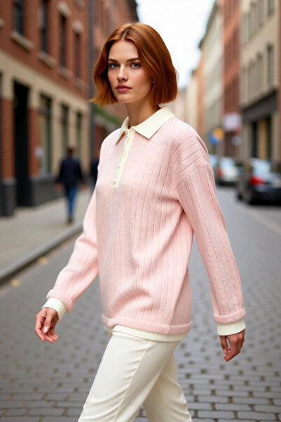 PayBuy Γυναικείο Πουλόβερ Ροζ αντίθεση χρωμάτων Regular Fit Πλεκτό με ραβδώσε...