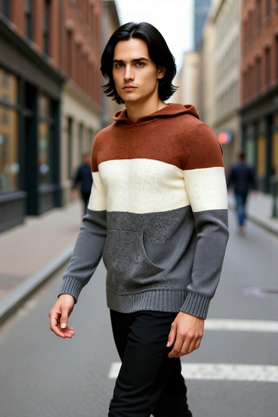 PayBuy Men's Hooded Regular Fit Color Block Kangaroo Pocket Long Sleeve Knit Sweater Special for Your Daily Style