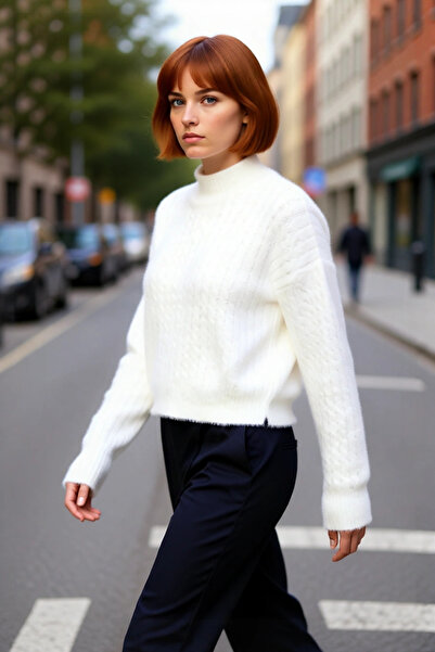 PayBuy Tricotaj pentru femei, ecru, cu model împletit, guler înalt, croială o...