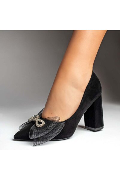 Modlet.ro Women's black suede block-heel shoes with metallic details MOD10991