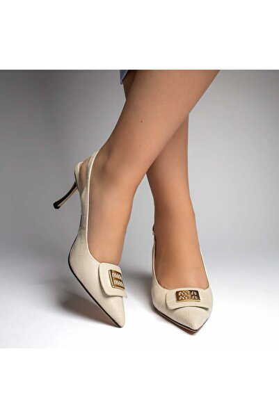 Modlet.ro Γυναικεία μπεζ δερμάτινα παπούτσια με τακούνι και μεταλλικές λεπτομ...