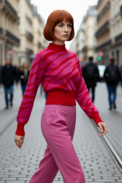 PayBuy Kadın Zebra Desenli Dik Yaka Regular Kalıp Crop Triko Kazak Soğuk Günl...