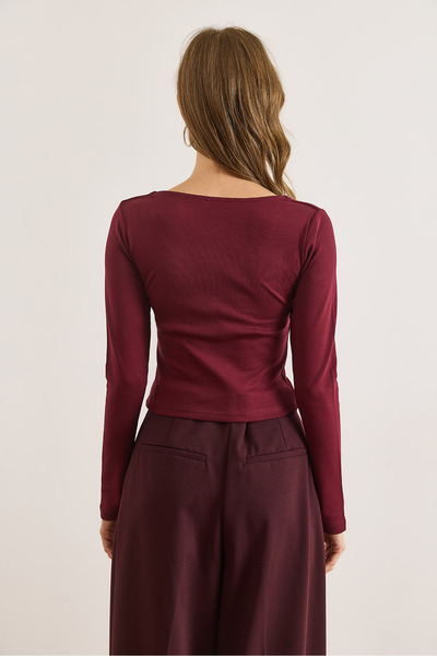 Olalook Kadın Bordo V Yaka Büzgü Detaylı Yumuşak Dokulu Bluz BLZ-19003141