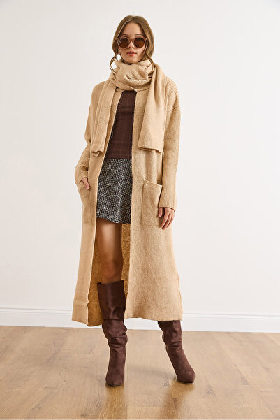 Olalook Women's Camel Self-Tie Pocketed Long Cardigan Hrk-19000429