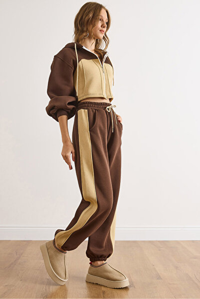 Olalook Women's Brown Color Detailed Embroidered Thick Winter Tracksuit Set Etkm-0000073