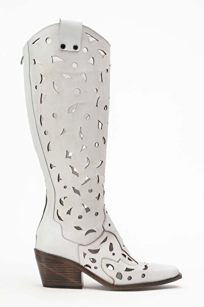 Zeynep Sıradağlı Γυναικείες μπότες Western από γνήσιο δέρμα Harcy σε λευκό χρώμα