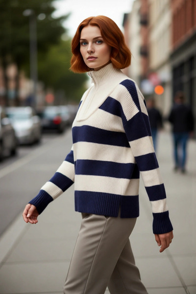 PayBuy سترة نسائية كبيرة الحجم مخططة بياقة عالية وأكمام منخفضة وسميكة من التريكو، مجموعات أنيقة ومريحة لموسم الشتاء