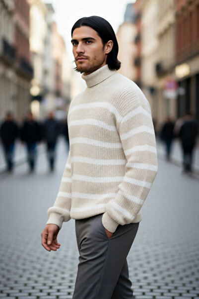 PayBuy Puloverul unisex oversize cu guler gros, cu dungi, oferă eleganță conf...