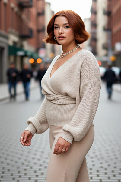 PayBuy Pulover de tricotat pentru femei, cu decolteu în V, cu șireturi, cu sp...