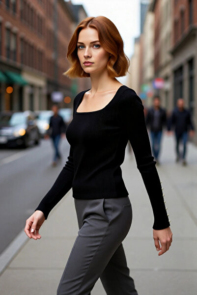 PayBuy Women's Fitted Square Neck Spanish Sleeve Button Detail Ribbed Knitwea...