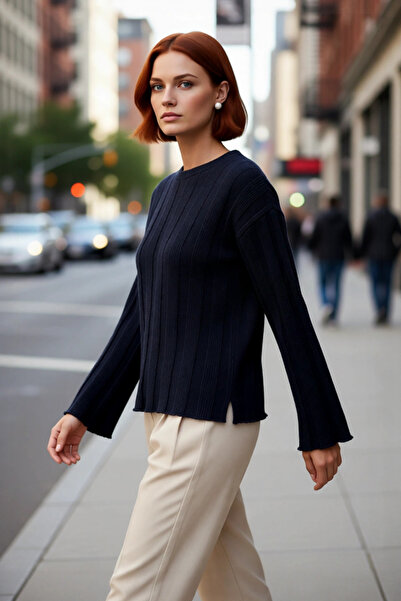 PayBuy Tricotaj cu nervuri pentru femei, cu croială obișnuită, pulover, cu gâ...