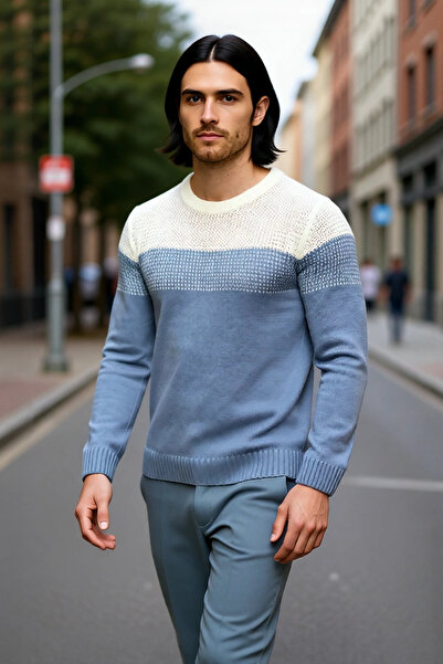 PayBuy Men's Fitted Crew Neck Long Sleeve Color Block Acrylic Knit Sweater Ideal for Everyday Chic