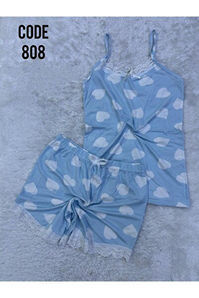 VAJESTO Γυναικείο Σετ Πιτζάμες με Μπλε Σορτς με Λουράκια Δαντέλα Λεπτομερές Ν...