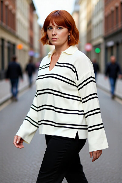 PayBuy سترة نسائية مريحة بقصة فضفاضة وياقة بولو مخططة من الأكريليك، توفر الرا...