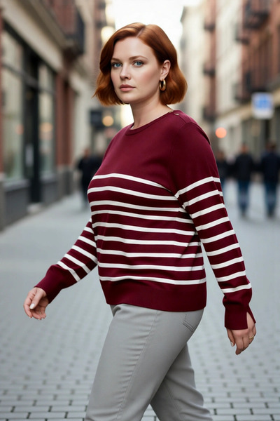 PayBuy سترة نسائية مخططة بياقة دائرية وقصة مريحة وأكمام طويلة تقدم الأناقة ال...