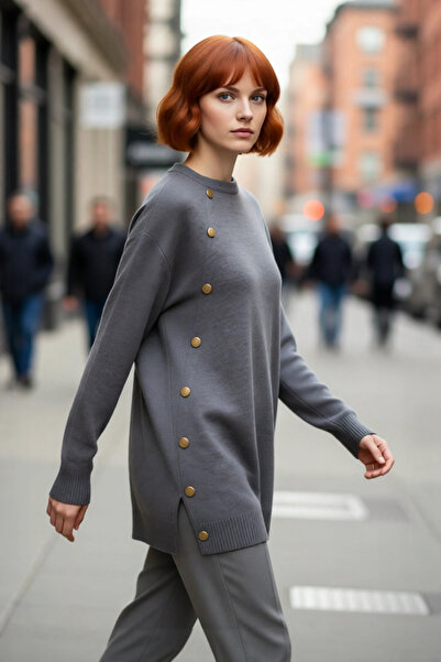 PayBuy سترة نسائية منسوجة من الأكريليك بقصة عادية وياقة دائرية وأكمام قصيرة، أنيقة بأزرار ذهبية، مناسبة لفصل الشتاء