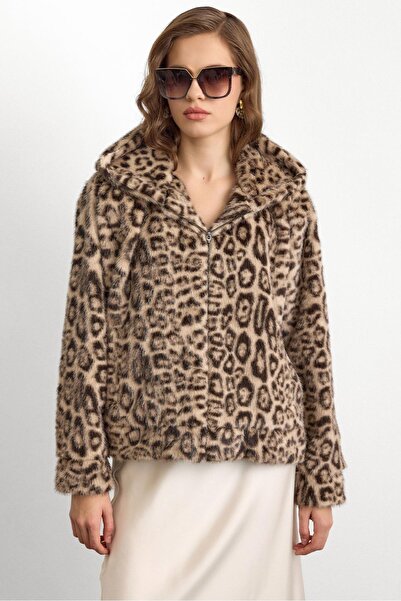 Olcay Kunstpelzmantel mit Kapuze und Leopardenmuster, BEIGE 1015