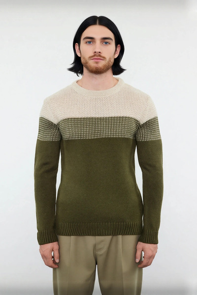 PayBuy Men's Fitted Crew Neck Long Sleeve Color Block Acrylic Knit Sweater Ideal for Everyday Chic