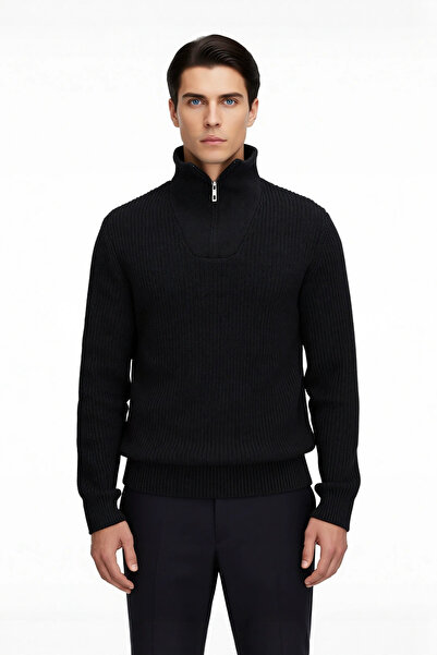 PayBuy Pulover pentru bărbați, cu fermoar, cu guler ridicat, tricotaj gros, amestec de lână, iarnă, ideal pentru confort zilnic