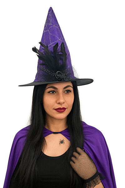 DODOMAR Hallowen Cadı Şapkası Çiçekli Tüylü Model Mor Renkli Cadılar Bayramı ...
