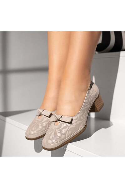 Modlet.ro Women's grey block heel shoes with bow made of leather MOD13403