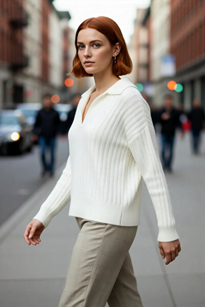 PayBuy Дамски пуловер с голям размер, поло яка, къси ръкави и ребриста плетка...