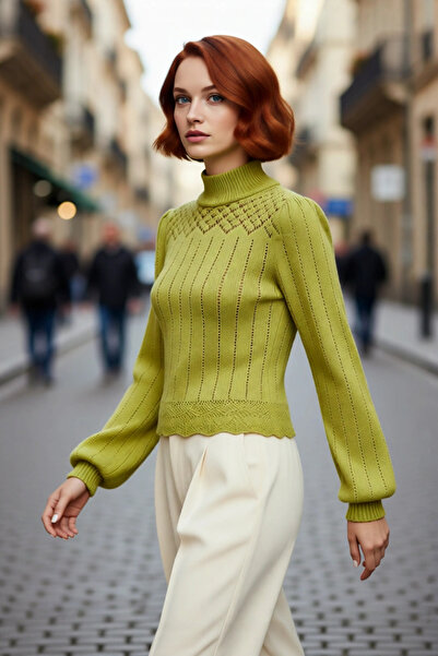 PayBuy Pulover tricotat crop pentru femei, cu guler înalt, cu mâneci balon ajurate, elegant, ideal pentru combinațiile dăinile zilnice