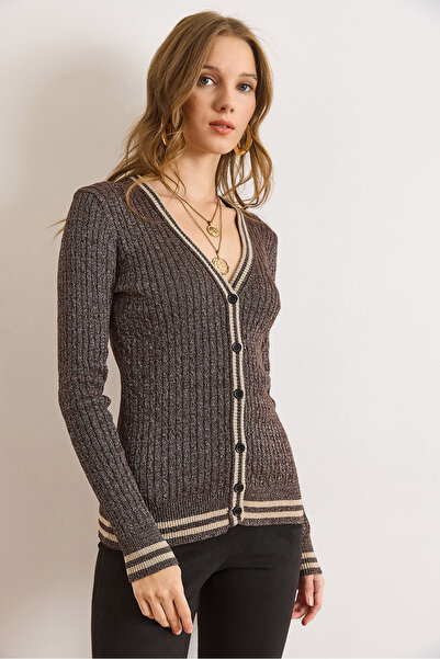 Olalook Women's Brown Stripe Detailed Hair Knitwear Cardigan Hrk-19000428