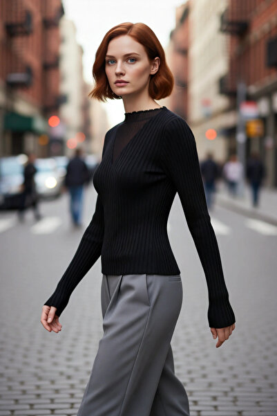 PayBuy Kadın Fitted Kalıp Siyah Transparan Detaylı V Yaka Uzun Kollu İnce Tri...