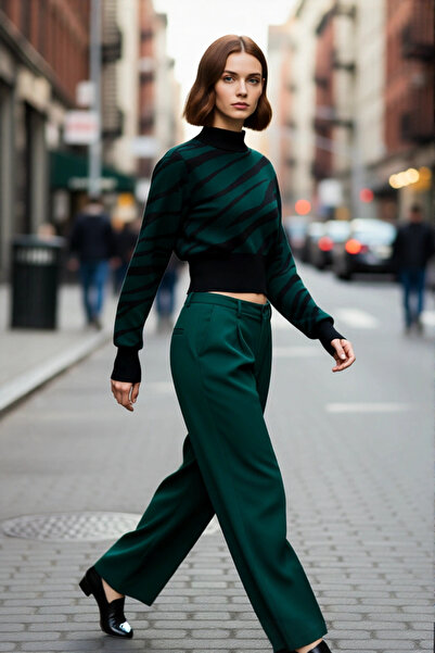 PayBuy Women's Zebra Patterned Stand Collar Regular Fit Crop Knitwear Sweater Stylish Choice for Cold Days High Quality