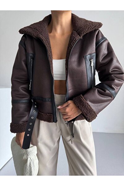 VESS MODA Дамско палто от ламинирана кожа с подплата от кожа и колан с детайли от кожа, луксозно качество, цвят горчив кафе