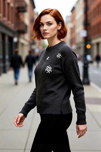 PayBuy سترة نسائية شتوية من التريكو بتفاصيل حجرية وردية، تصميم عادي بأكمام قص...