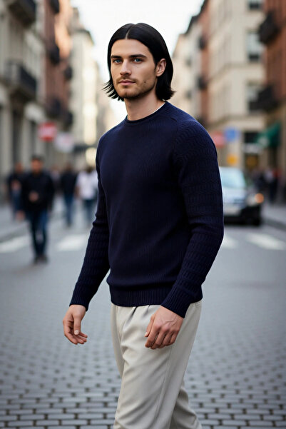 PayBuy Tricotaj texturat pentru bărbați, cu decolteu rotund, cu mânecă lungă, pulover de bază din acril, elegant și pentru sezonul de iarnă