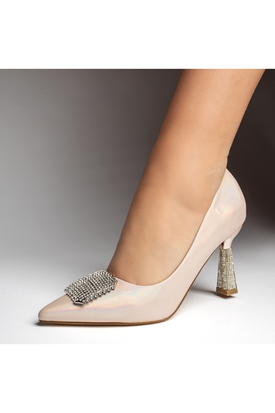 Modlet.ro Women's pink iridescent heeled shoes with stone applications MOD12759