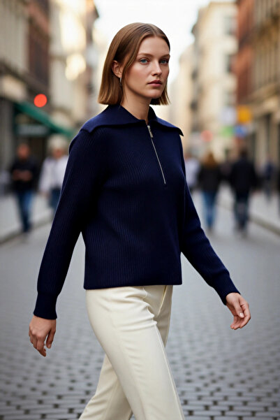 PayBuy Tricotaj pentru femei, cu fermoar, cu guler polo, tricotaj țesut din T...