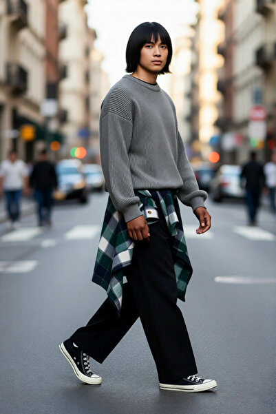 PayBuy Men's Gray Oversize Crew Neck Plain Low Sleeve Acrylic Knitwear Sweater Casual Comfort Special for Styles