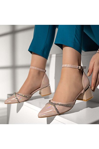 Modlet.ro Women's pink iridescent chunky heel shoes with stone applications M...