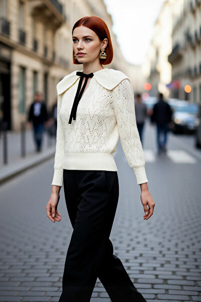 PayBuy Tricotaj cu guler eșarfă cu detalii perle ajurate pentru femei, cu mân...