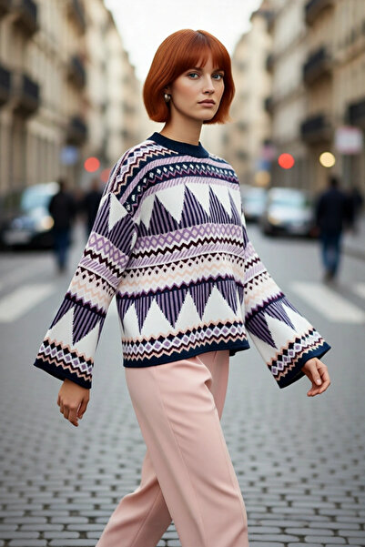 PayBuy Women's Oversized Ethnic Patterned Crew Neck Low Sleeve Knitwear Sweater Is a Stylish and Comfortable Choice for Winter