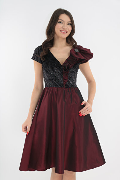 Vanessa Line RO Κομψό κλος φόρεμα από μπορντό ταφτά και βελούδο με γκλίτερ