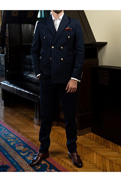 Couture For Gentlemen Men's Navy Blue Striped Double Breasted Tailored Fit Suit Cfg322