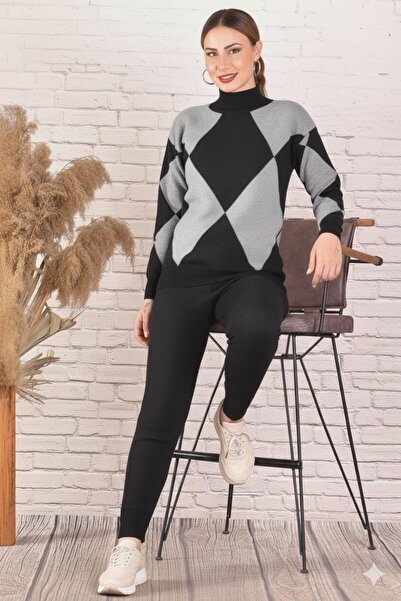 Şule Giyim Patterned Seasonal Knitwear Set Black